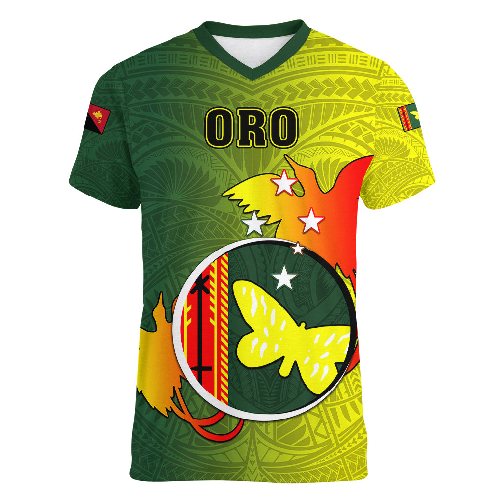 Papua New Guinea Oro Province Women V Neck T Shirt Mix Coat Of Arms Polynesian Pattern LT05 Female Yellow - Polynesian Pride