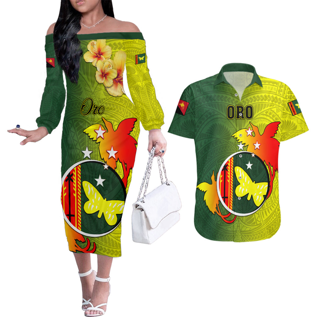 Personalized Papua New Guinea Oro Province Couples Matching Off The Shoulder Long Sleeve Dress and Hawaiian Shirt Mix Coat Of Arms Polynesian Pattern LT05 Yellow - Polynesian Pride