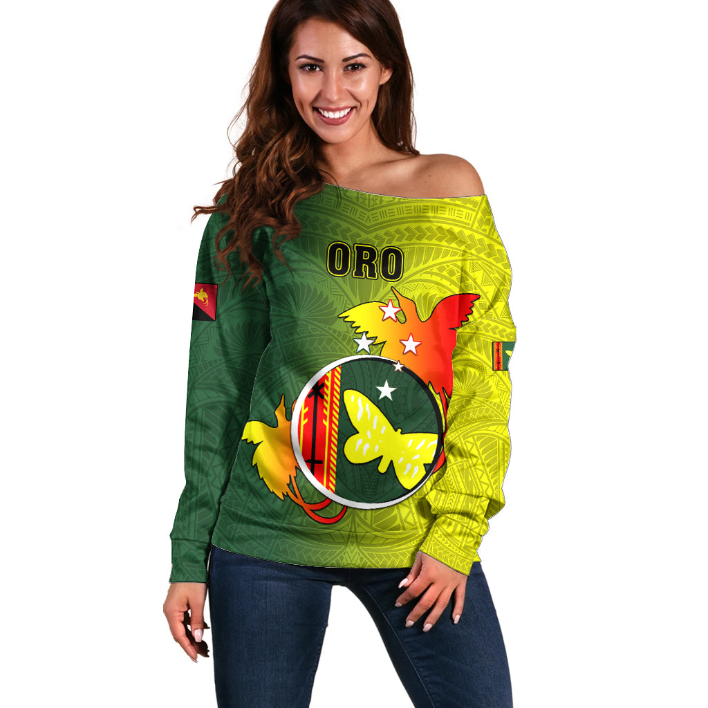 Personalized Papua New Guinea Oro Province Off Shoulder Sweater Mix Coat Of Arms Polynesian Pattern LT05 Women Yellow - Polynesian Pride
