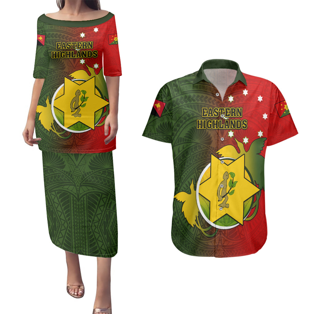 Papua New Guinea Eastern Highlands Province Couples Matching Puletasi Dress and Hawaiian Shirt Mix Coat Of Arms Polynesian Pattern LT05 Red - Polynesian Pride