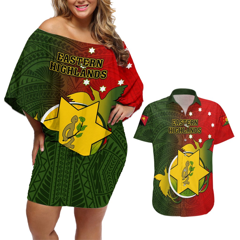 Personalized Papua New Guinea Eastern Highlands Province Couples Matching Off Shoulder Short Dress and Hawaiian Shirt Mix Coat Of Arms Polynesian Pattern LT05 Red - Polynesian Pride