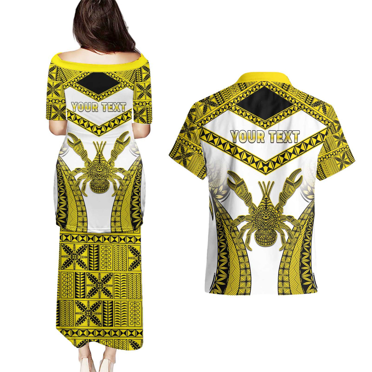 Personalised Niue The Rock Of Polynesia Couples Matching Puletasi and Hawaiian Shirt Peniamina Gospel Day Yellow Version