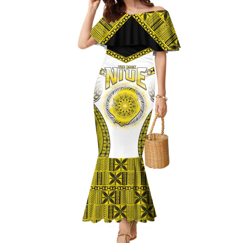 Personalised Niue The Rock Of Polynesia Family Matching Mermaid Dress and Hawaiian Shirt Peniamina Gospel Day Yellow Version