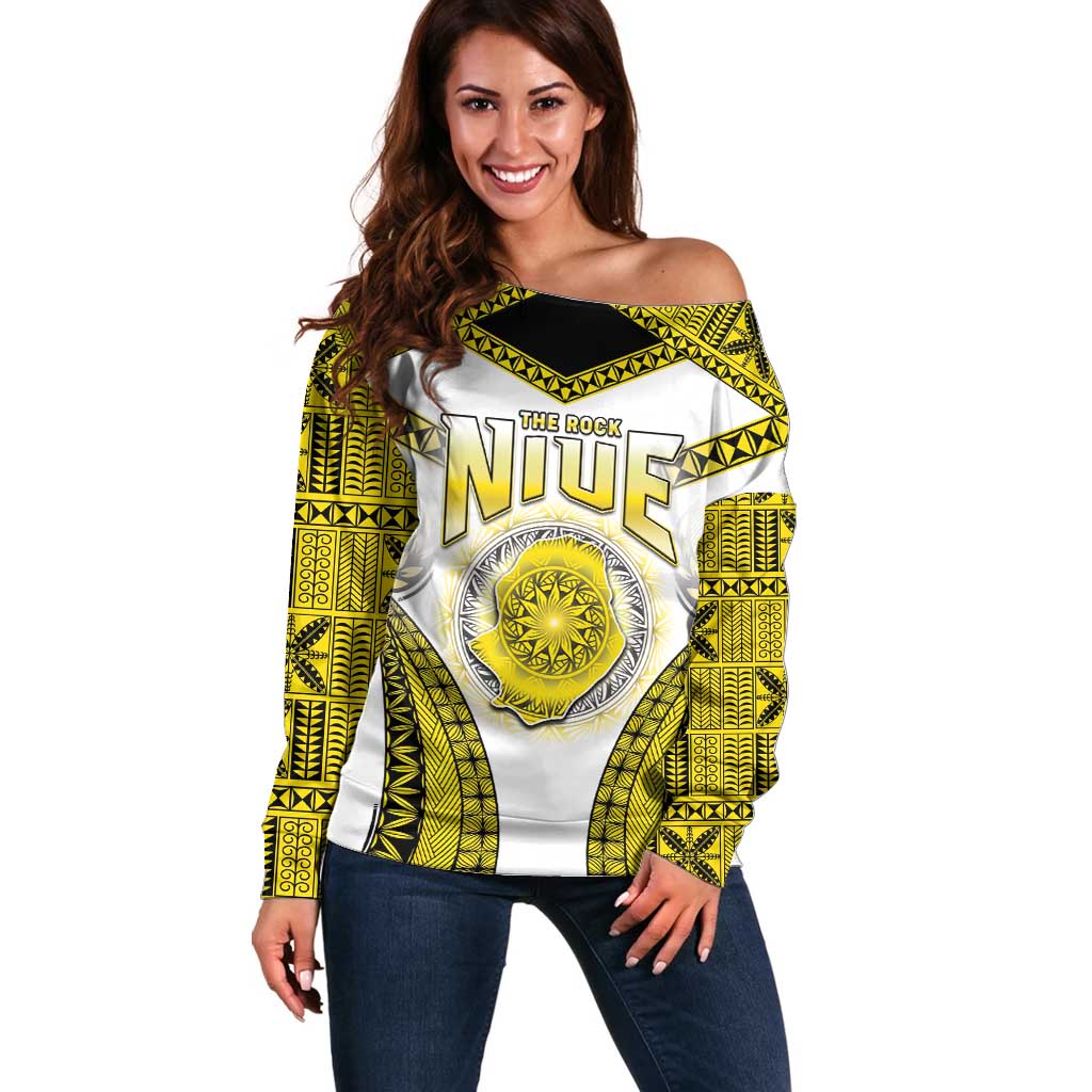 Personalised Niue The Rock Of Polynesia Off Shoulder Sweater Peniamina Gospel Day Yellow Version LT05 Women Yellow - Polynesian Pride