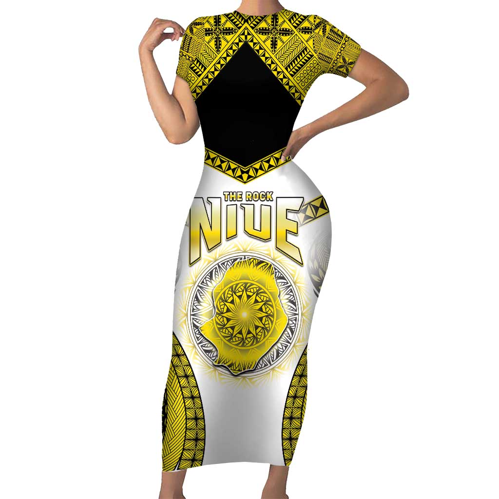 Personalised Niue The Rock Of Polynesia Short Sleeve Bodycon Dress Peniamina Gospel Day Yellow Version LT05 Long Dress Yellow - Polynesian Pride