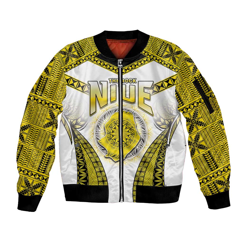 Personalised Niue The Rock Of Polynesia Sleeve Zip Bomber Jacket Peniamina Gospel Day Yellow Version LT05 Unisex Yellow - Polynesian Pride