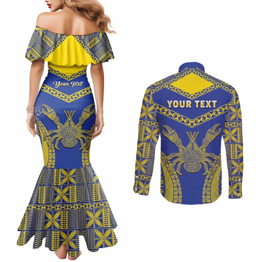 Personalised Niue The Rock Of Polynesia Couples Matching Mermaid Dress and Long Sleeve Button Shirt Peniamina Gospel Day Blue Version