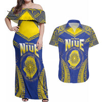 Personalised Niue The Rock Of Polynesia Couples Matching Off Shoulder Maxi Dress and Hawaiian Shirt Peniamina Gospel Day Blue Version
