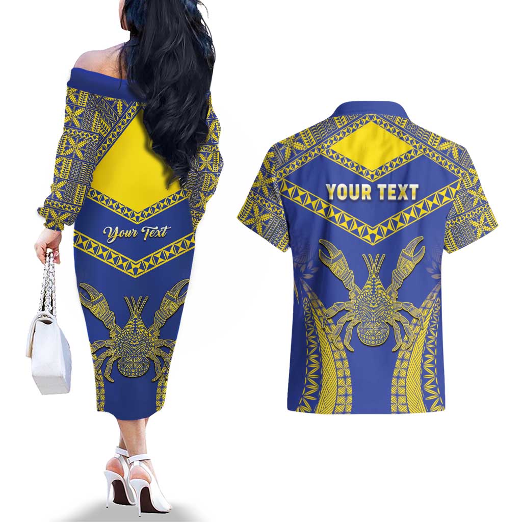 Personalised Niue The Rock Of Polynesia Couples Matching Off The Shoulder Long Sleeve Dress and Hawaiian Shirt Peniamina Gospel Day Blue Version