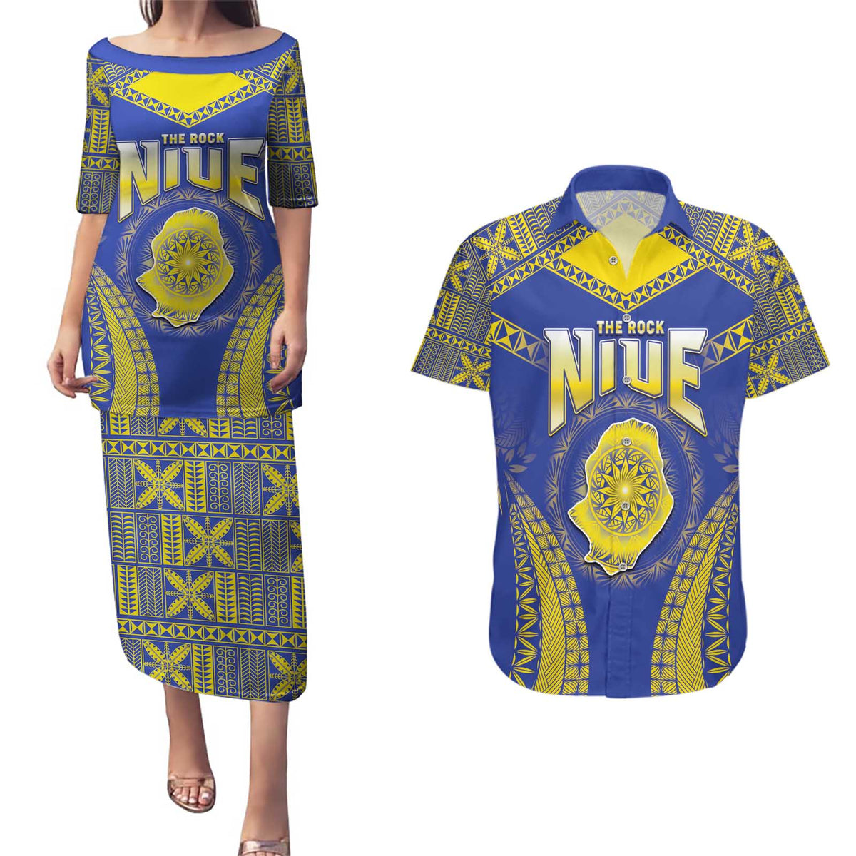 Personalised Niue The Rock Of Polynesia Couples Matching Puletasi and Hawaiian Shirt Peniamina Gospel Day Blue Version