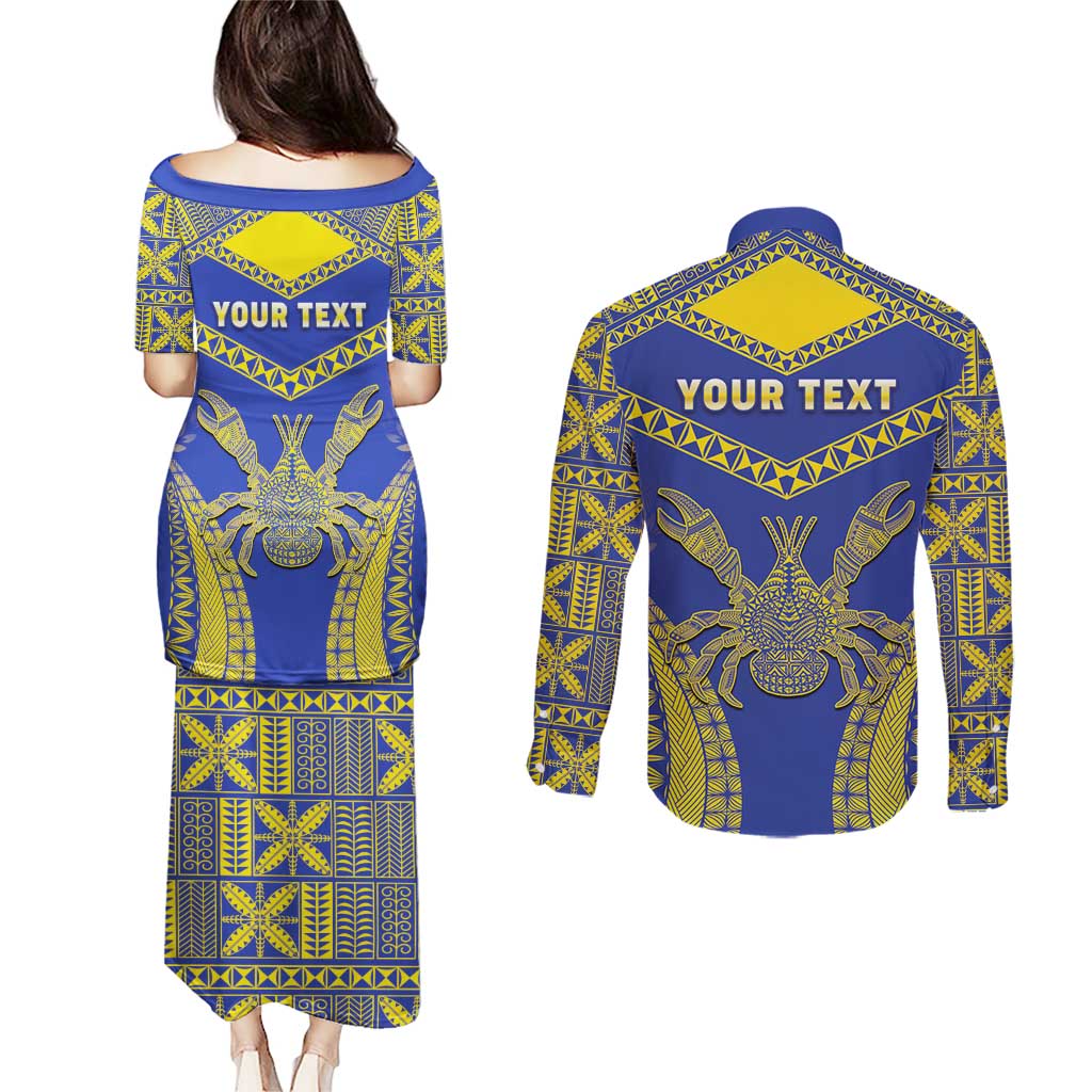 Personalised Niue The Rock Of Polynesia Couples Matching Puletasi and Long Sleeve Button Shirt Peniamina Gospel Day Blue Version
