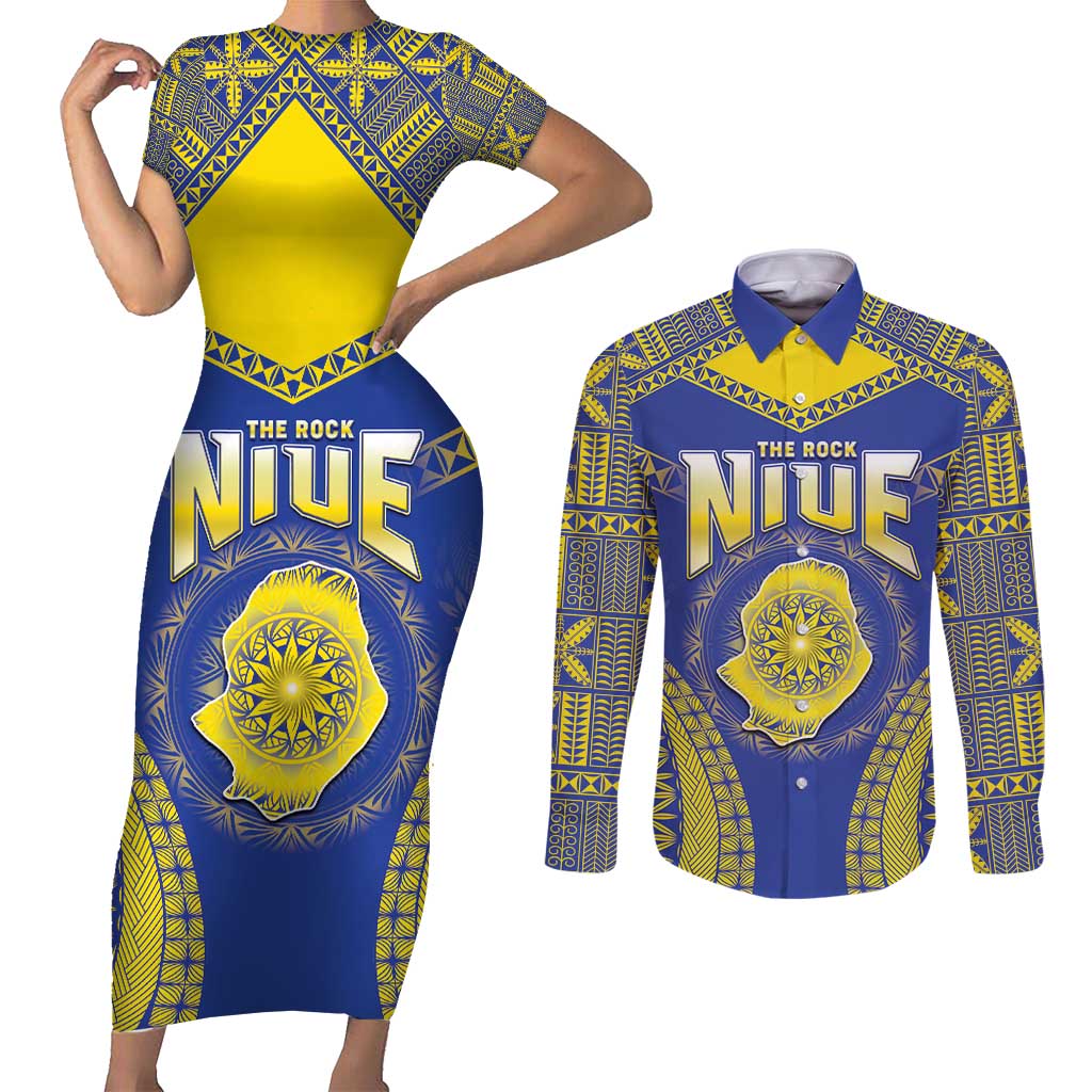 Personalised Niue The Rock Of Polynesia Couples Matching Short Sleeve Bodycon Dress and Long Sleeve Button Shirt Peniamina Gospel Day Blue Version LT05 Blue - Polynesian Pride