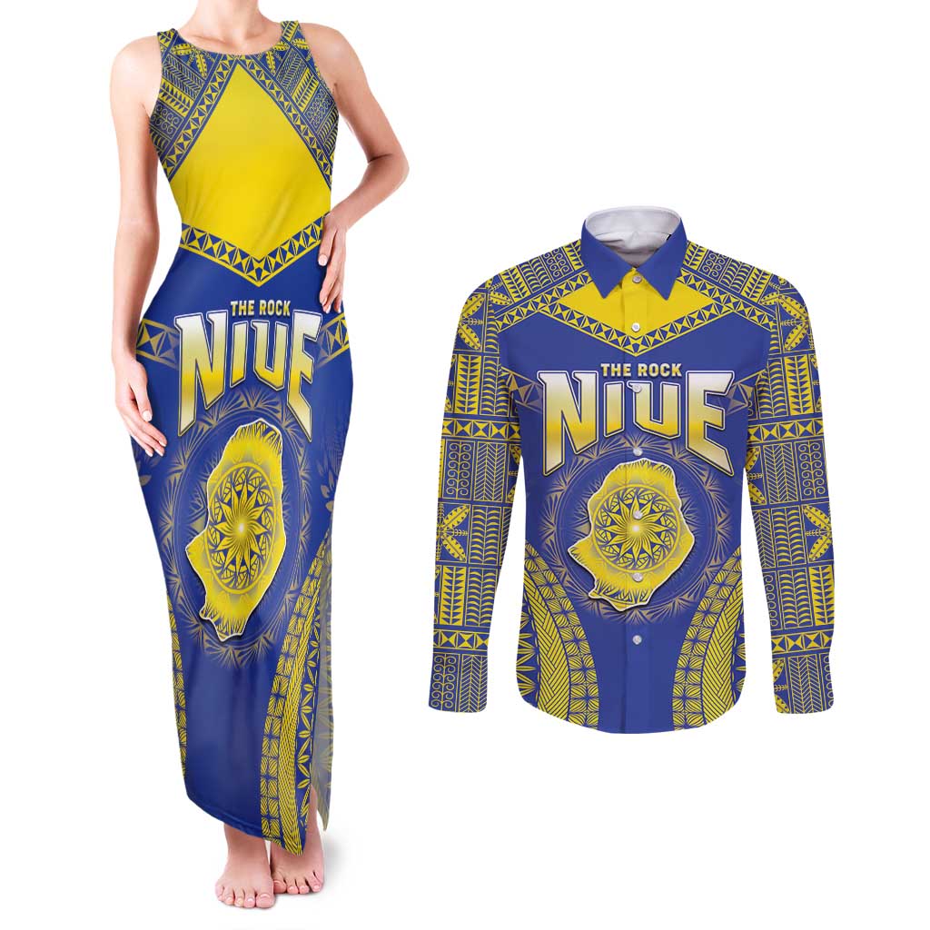 Personalised Niue The Rock Of Polynesia Couples Matching Tank Maxi Dress and Long Sleeve Button Shirt Peniamina Gospel Day Blue Version LT05 Blue - Polynesian Pride