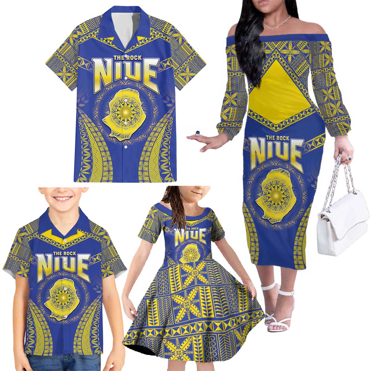 Personalised Niue The Rock Of Polynesia Family Matching Off The Shoulder Long Sleeve Dress and Hawaiian Shirt Peniamina Gospel Day Blue Version LT05 - Polynesian Pride