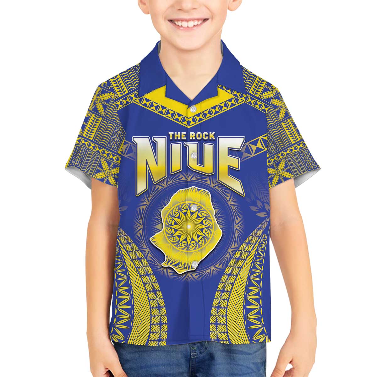 Personalised Niue The Rock Of Polynesia Family Matching Off Shoulder Short Dress and Hawaiian Shirt Peniamina Gospel Day Blue Version