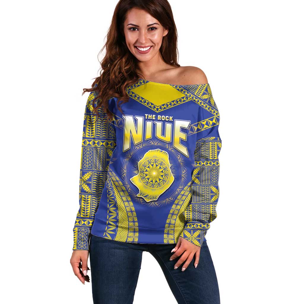 Personalised Niue The Rock Of Polynesia Off Shoulder Sweater Peniamina Gospel Day Blue Version LT05 Women Blue - Polynesian Pride