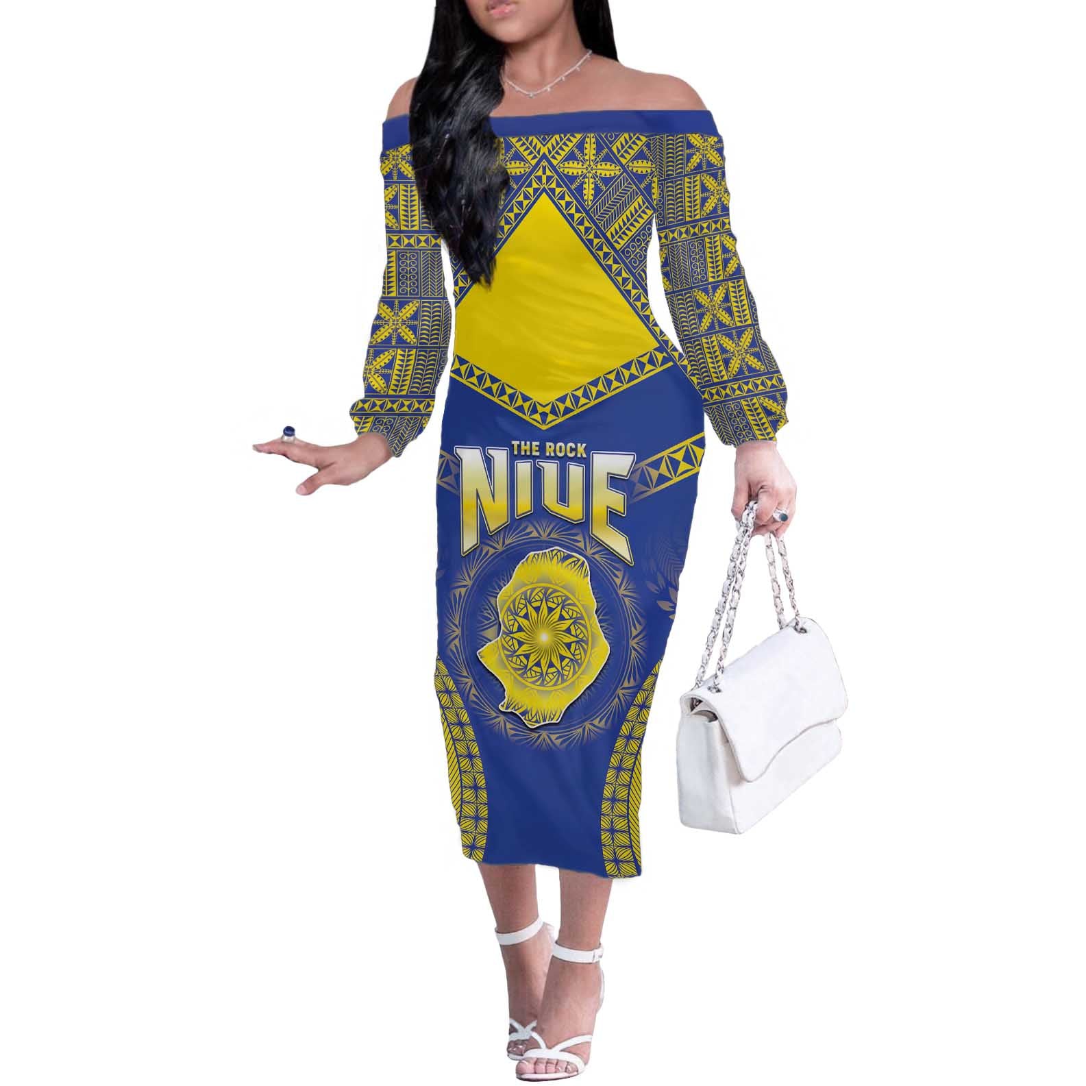 Personalised Niue The Rock Of Polynesia Off The Shoulder Long Sleeve Dress Peniamina Gospel Day Blue Version LT05 Women Blue - Polynesian Pride