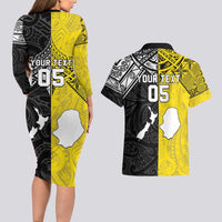 Custom New Zealand Maori And Niue Hiapo Couples Matching Long Sleeve Bodycon Dress and Hawaiian Shirt Lizard And Coconut Crab Together