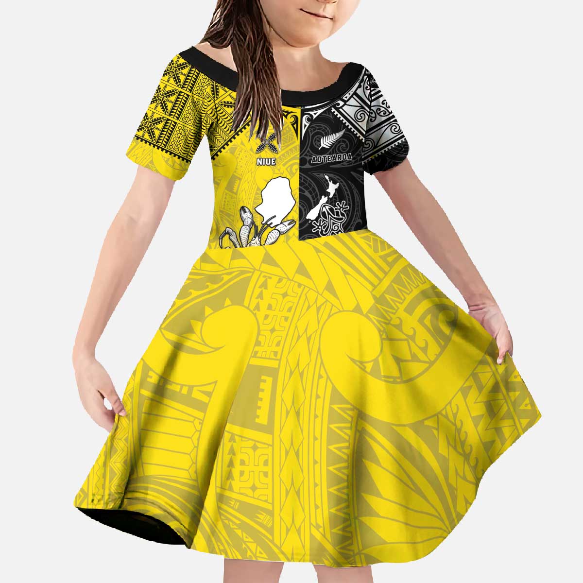 Custom New Zealand Maori And Niue Hiapo Family Matching Off The Shoulder Long Sleeve Dress and Hawaiian Shirt Lizard And Coconut Crab Together