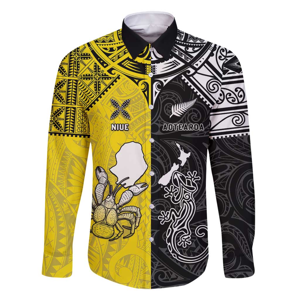 Custom New Zealand Maori And Niue Hiapo Family Matching Off Shoulder Short Dress and Hawaiian Shirt Lizard And Coconut Crab Together