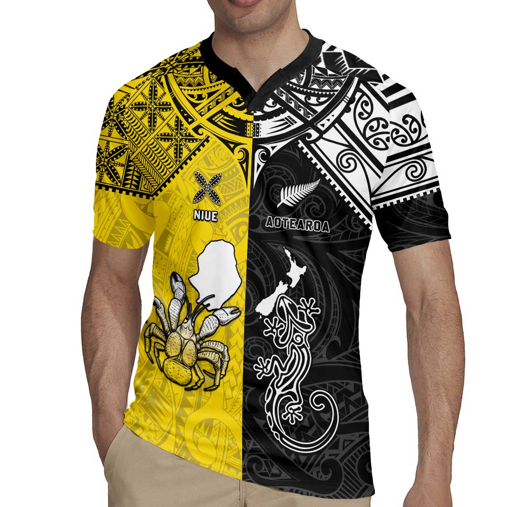 Custom New Zealand Maori And Niue Hiapo Rugby Jersey Lizard And Coconut Crab Together
