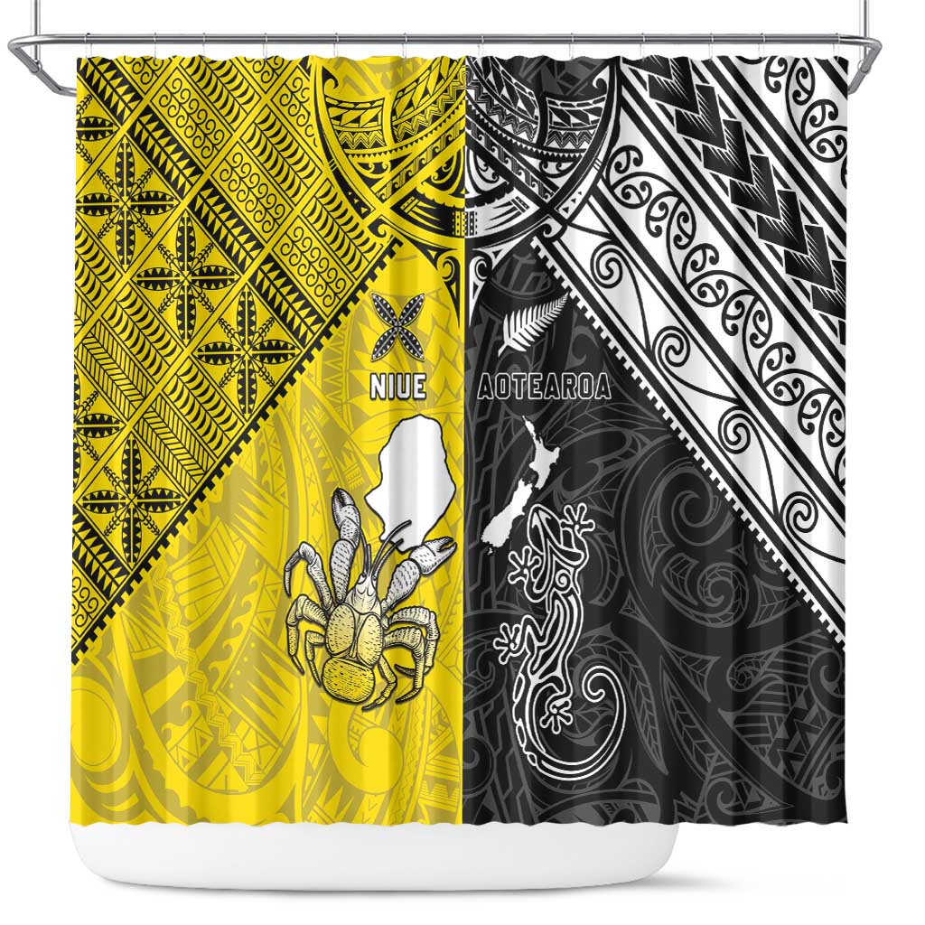 New Zealand Maori And Niue Hiapo Shower Curtain Lizard And Coconut Crab Together LT05 Yellow - Polynesian Pride