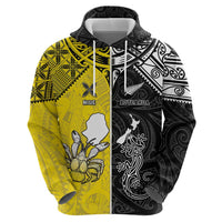 Custom New Zealand Maori And Niue Hiapo Zip Hoodie Lizard And Coconut Crab Together