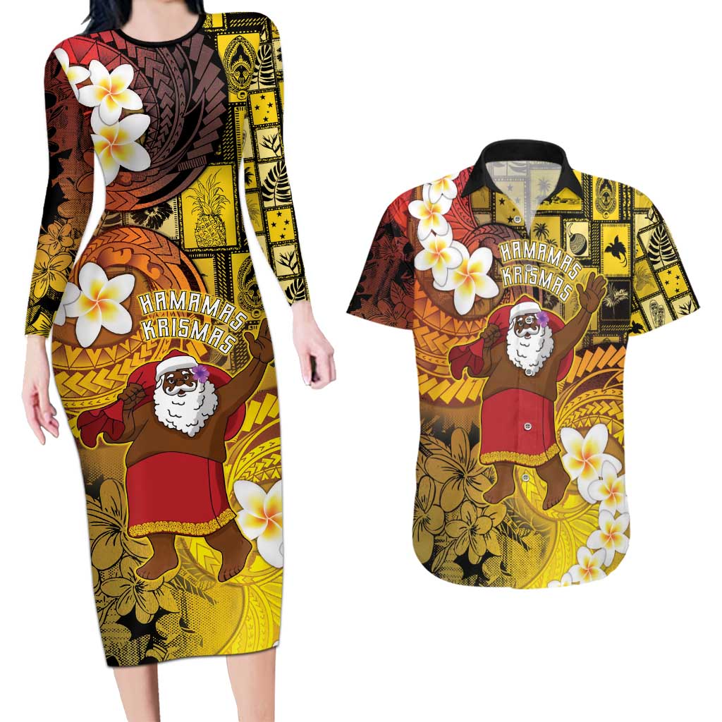 Papua New Guinea Retro Christmas Couples Matching Long Sleeve Bodycon Dress and Hawaiian Shirt Hamamas Krismas - Polynesian Pride