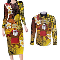 Papua New Guinea Retro Christmas Couples Matching Long Sleeve Bodycon Dress and Long Sleeve Button Shirt Hamamas Krismas - Polynesian Pride