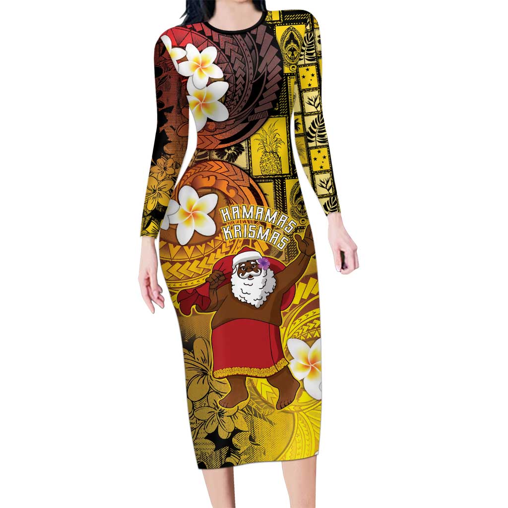 Papua New Guinea Retro Christmas Long Sleeve Bodycon Dress Hamamas Krismas - Polynesian Pride