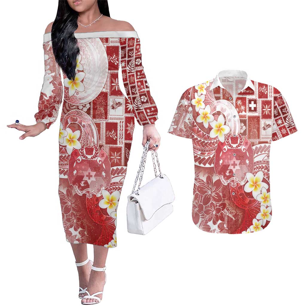 Tonga Christmas Couples Matching Off The Shoulder Long Sleeve Dress and Hawaiian Shirt Kilisimasi Fiefia Retro Style Red - Polynesian Pride