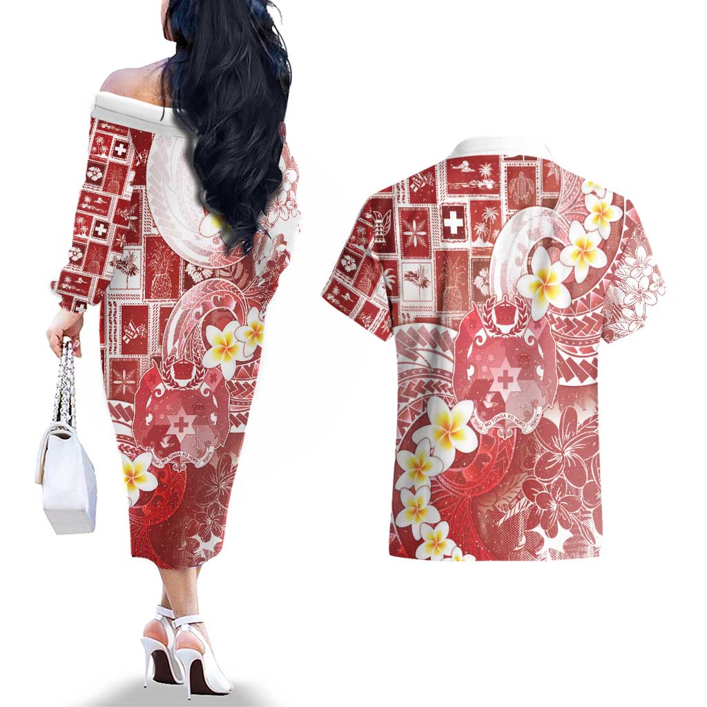 Tonga Christmas Couples Matching Off The Shoulder Long Sleeve Dress and Hawaiian Shirt Kilisimasi Fiefia Retro Style Red - Polynesian Pride