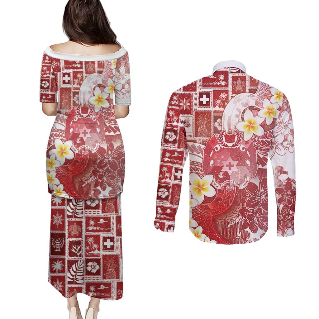 Tonga Christmas Couples Matching Puletasi and Long Sleeve Button Shirt Kilisimasi Fiefia Retro Style Red - Polynesian Pride