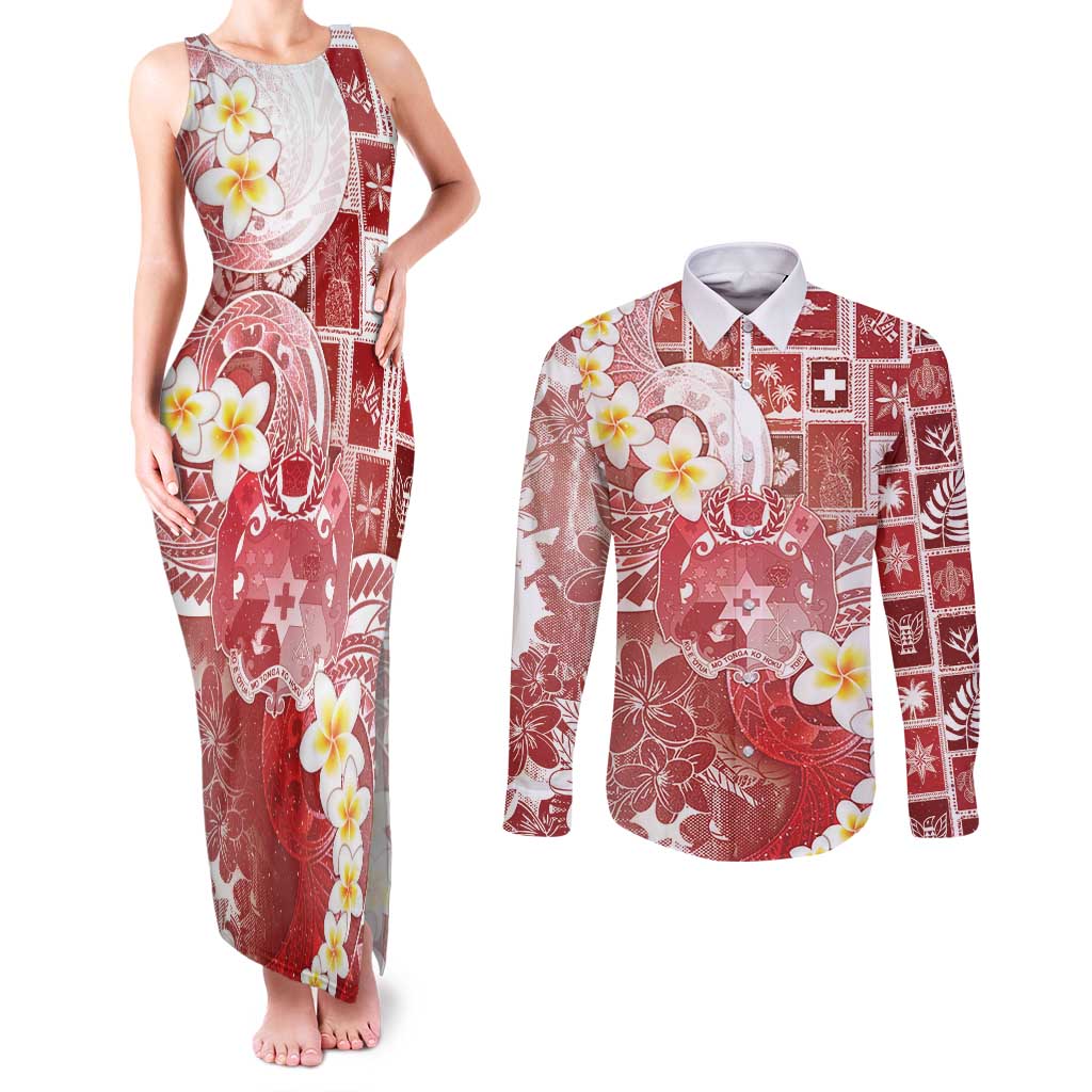 Tonga Christmas Couples Matching Tank Maxi Dress and Long Sleeve Button Shirt Kilisimasi Fiefia Retro Style Red - Polynesian Pride