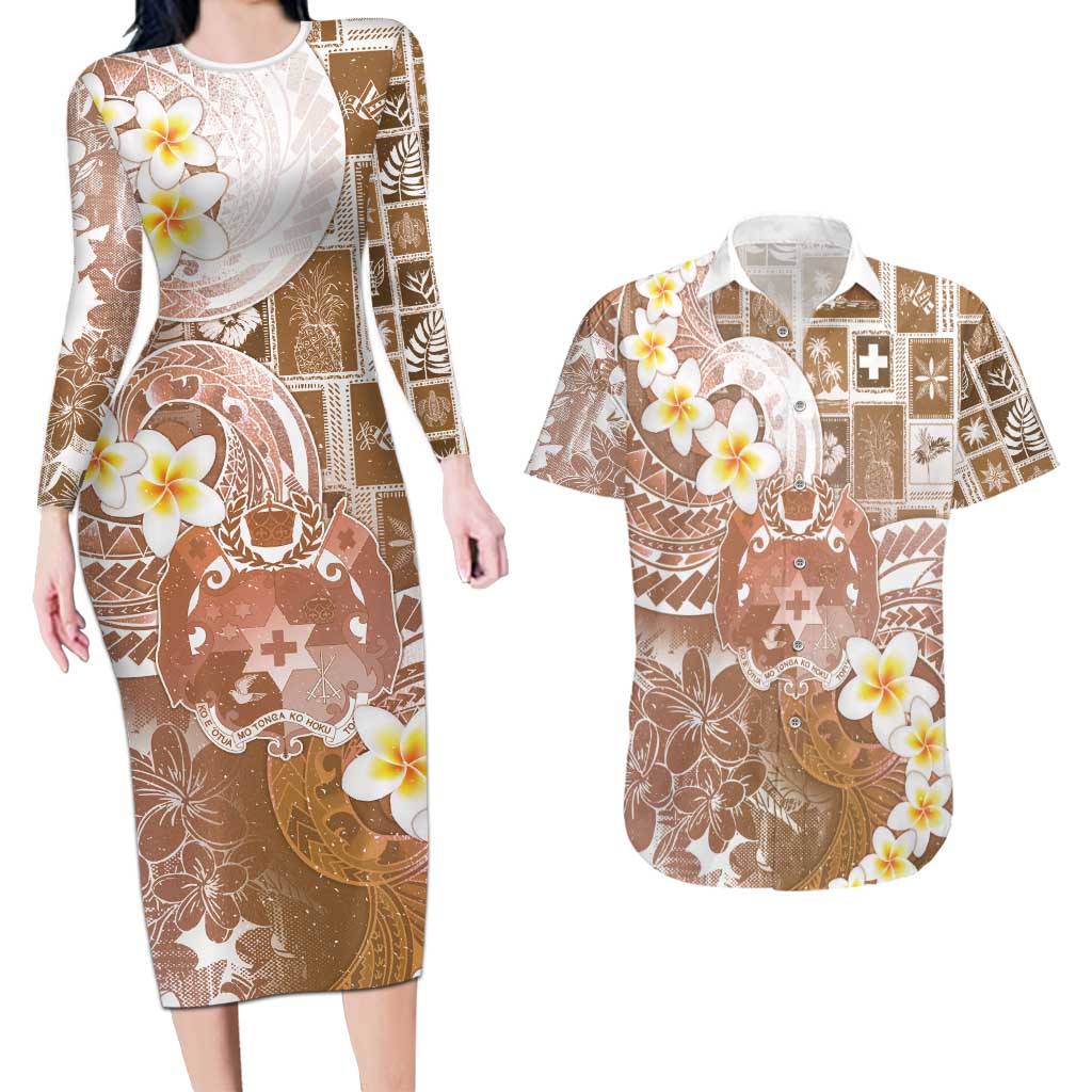Tonga Christmas Couples Matching Long Sleeve Bodycon Dress and Hawaiian Shirt Kilisimasi Fiefia Retro Style Brown - Polynesian Pride