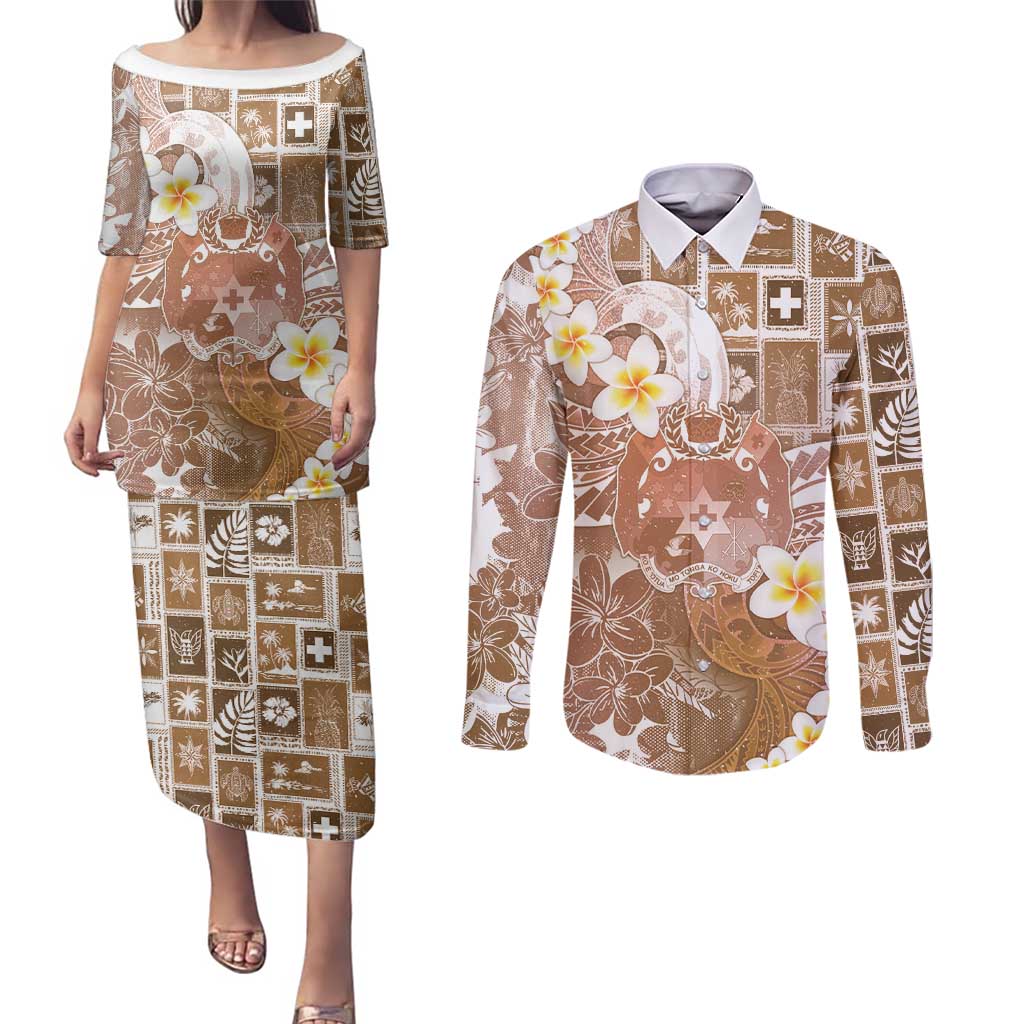 Tonga Christmas Couples Matching Puletasi and Long Sleeve Button Shirt Kilisimasi Fiefia Retro Style Brown - Polynesian Pride
