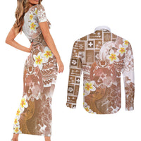 Tonga Christmas Couples Matching Short Sleeve Bodycon Dress and Long Sleeve Button Shirt Kilisimasi Fiefia Retro Style Brown - Polynesian Pride