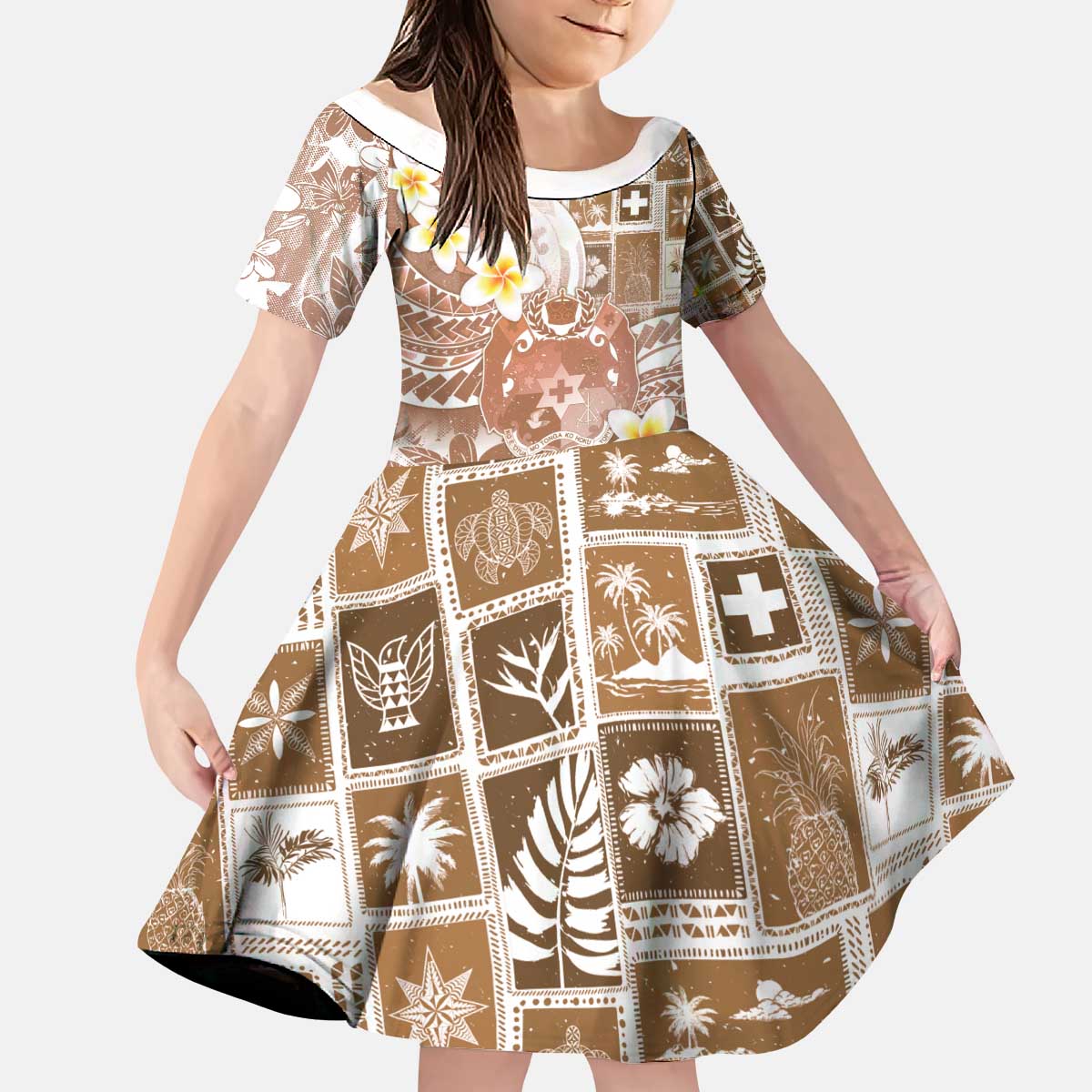 Tonga Christmas Kid Short Sleeve Dress Kilisimasi Fiefia Retro Style Brown - Polynesian Pride