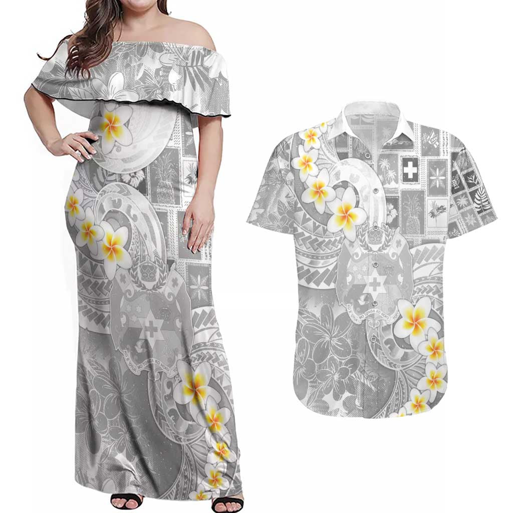 Tonga Christmas Couples Matching Off Shoulder Maxi Dress and Hawaiian Shirt Kilisimasi Fiefia Retro Style White - Polynesian Pride