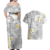 Tonga Christmas Couples Matching Off Shoulder Maxi Dress and Hawaiian Shirt Kilisimasi Fiefia Retro Style White - Polynesian Pride