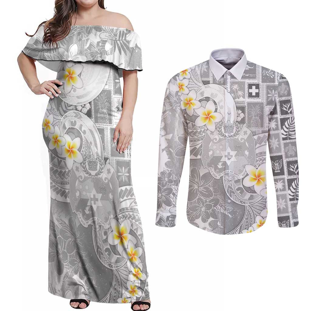 Tonga Christmas Couples Matching Off Shoulder Maxi Dress and Long Sleeve Button Shirt Kilisimasi Fiefia Retro Style White - Polynesian Pride
