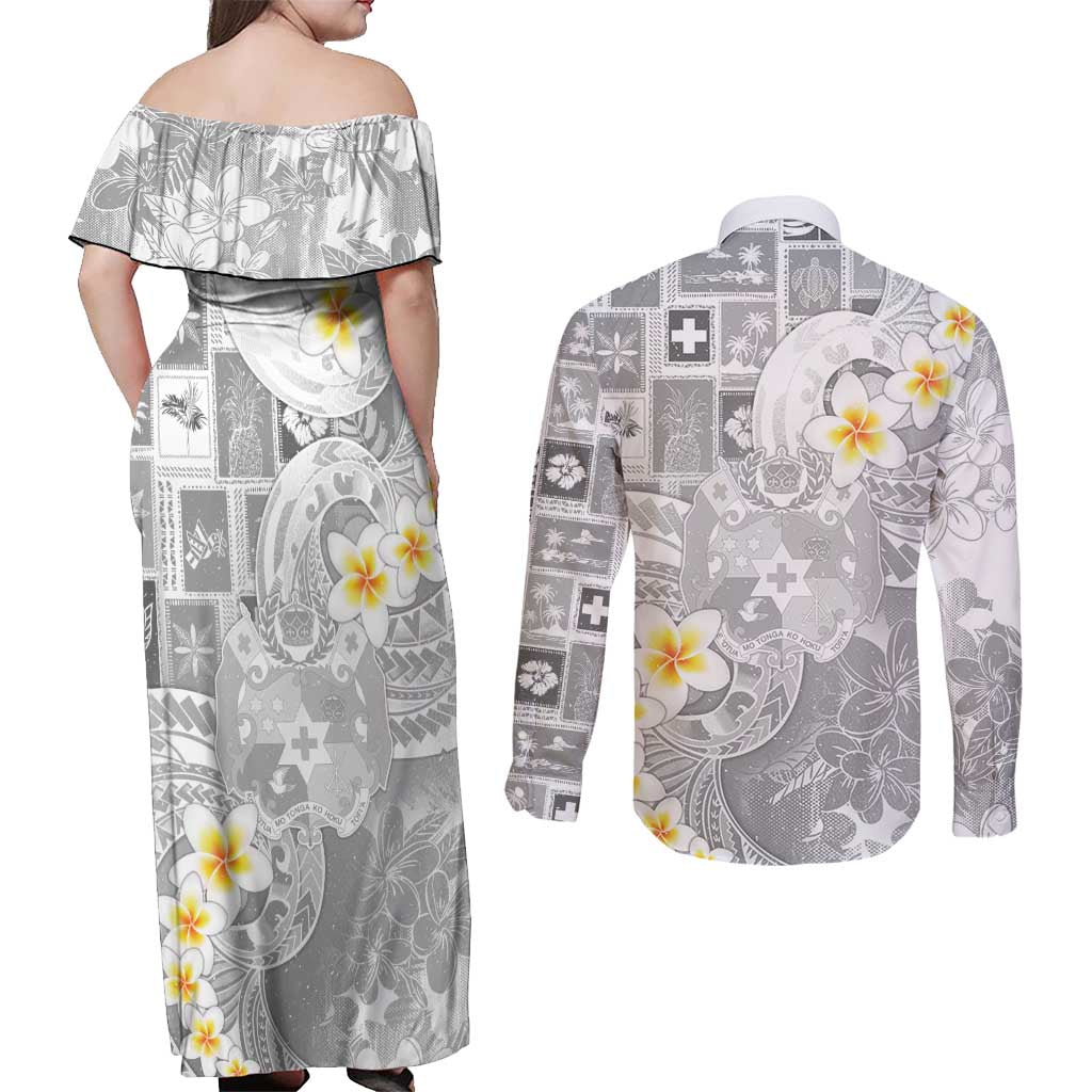 Tonga Christmas Couples Matching Off Shoulder Maxi Dress and Long Sleeve Button Shirt Kilisimasi Fiefia Retro Style White - Polynesian Pride