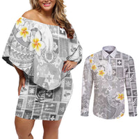 Tonga Christmas Couples Matching Off Shoulder Short Dress and Long Sleeve Button Shirt Kilisimasi Fiefia Retro Style White - Polynesian Pride