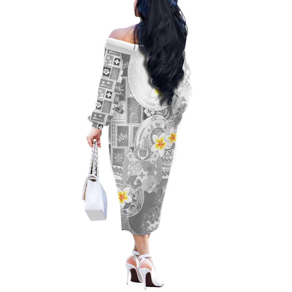 Tonga Christmas Off The Shoulder Long Sleeve Dress Kilisimasi Fiefia Retro Style White - Polynesian Pride