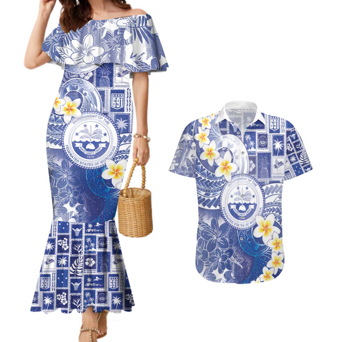 Federated States Of Micronesia Christmas Couples Matching Mermaid Dress and Hawaiian Shirt Retro Style Bright Version - Polynesian Pride