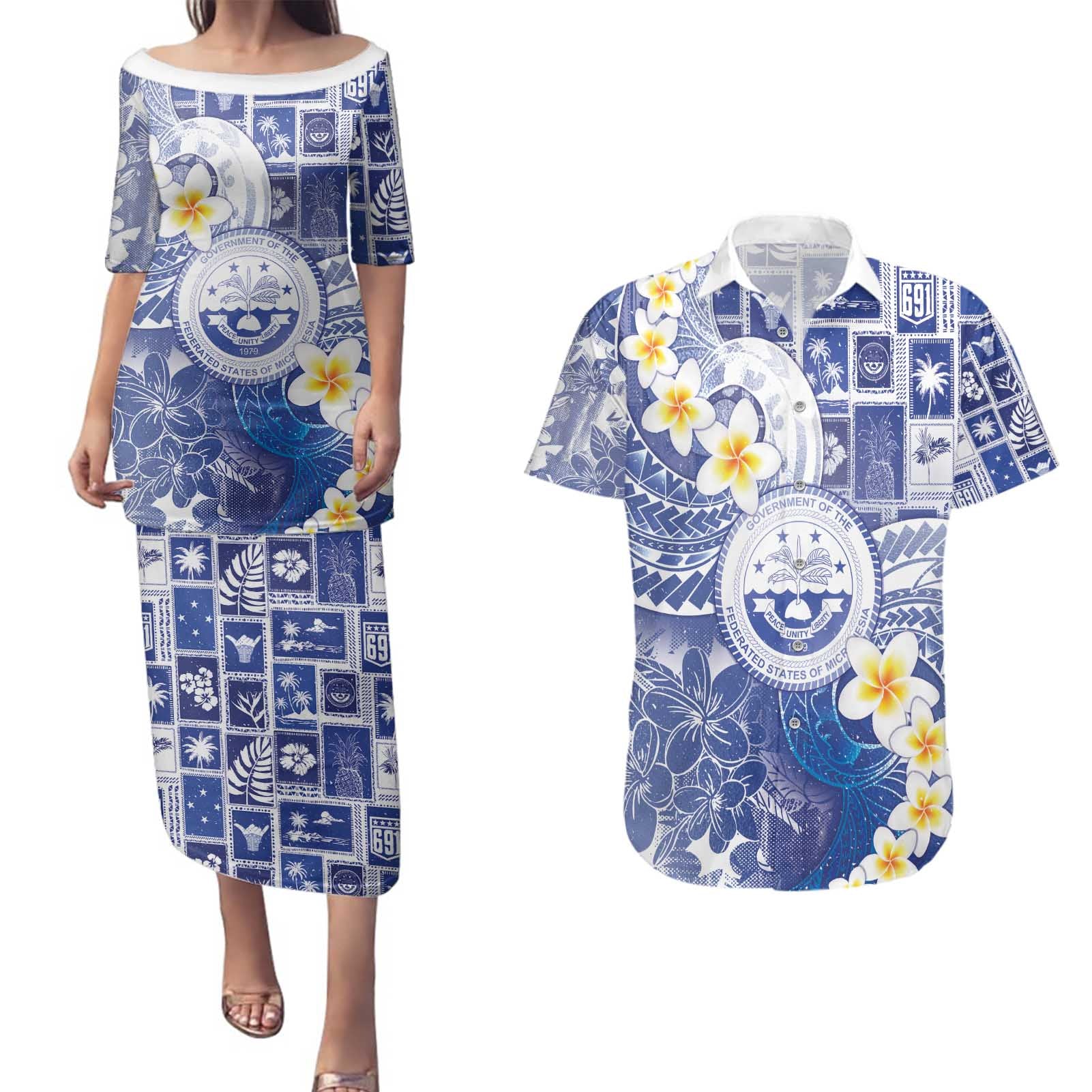 Federated States Of Micronesia Christmas Couples Matching Puletasi and Hawaiian Shirt Retro Style Bright Version - Polynesian Pride