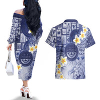 Federated States Of Micronesia Christmas Couples Matching Off The Shoulder Long Sleeve Dress and Hawaiian Shirt Retro Style Dark Version - Polynesian Pride