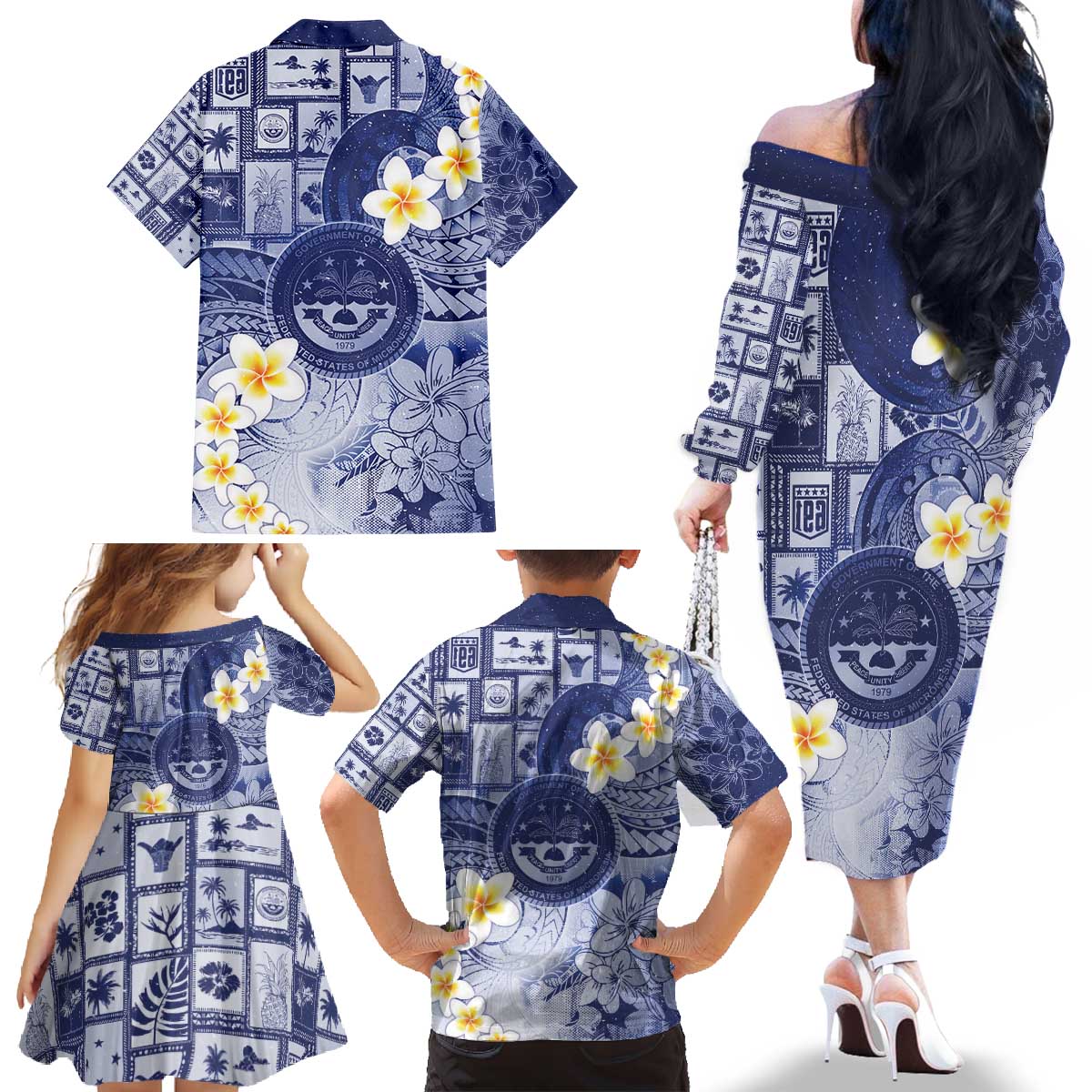 Federated States Of Micronesia Christmas Family Matching Off The Shoulder Long Sleeve Dress and Hawaiian Shirt Retro Style Dark Version - Polynesian Pride