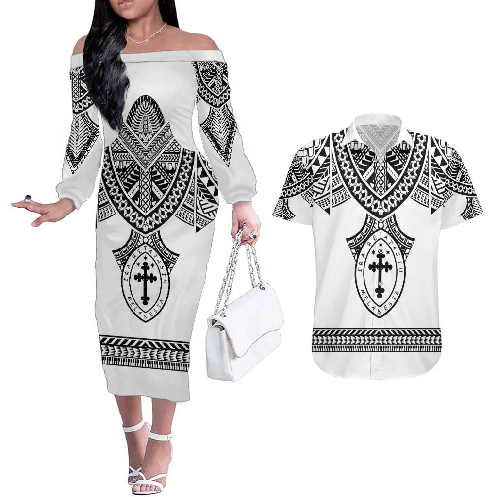 Personalised Melanesian Brotherhood Couples Matching Off The Shoulder Long Sleeve Dress and Hawaiian Shirt With Tribal Pattern - Polynesian Pride