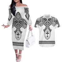 Personalised Melanesian Brotherhood Couples Matching Off The Shoulder Long Sleeve Dress and Hawaiian Shirt With Tribal Pattern - Polynesian Pride